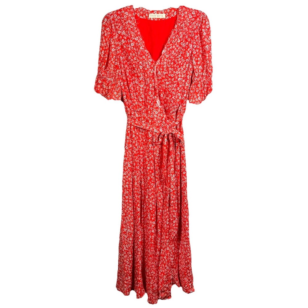 Stevie May Floral Wrap Dress XS Red Boho Midi Puff Sleeve Tie Waist Rayon
